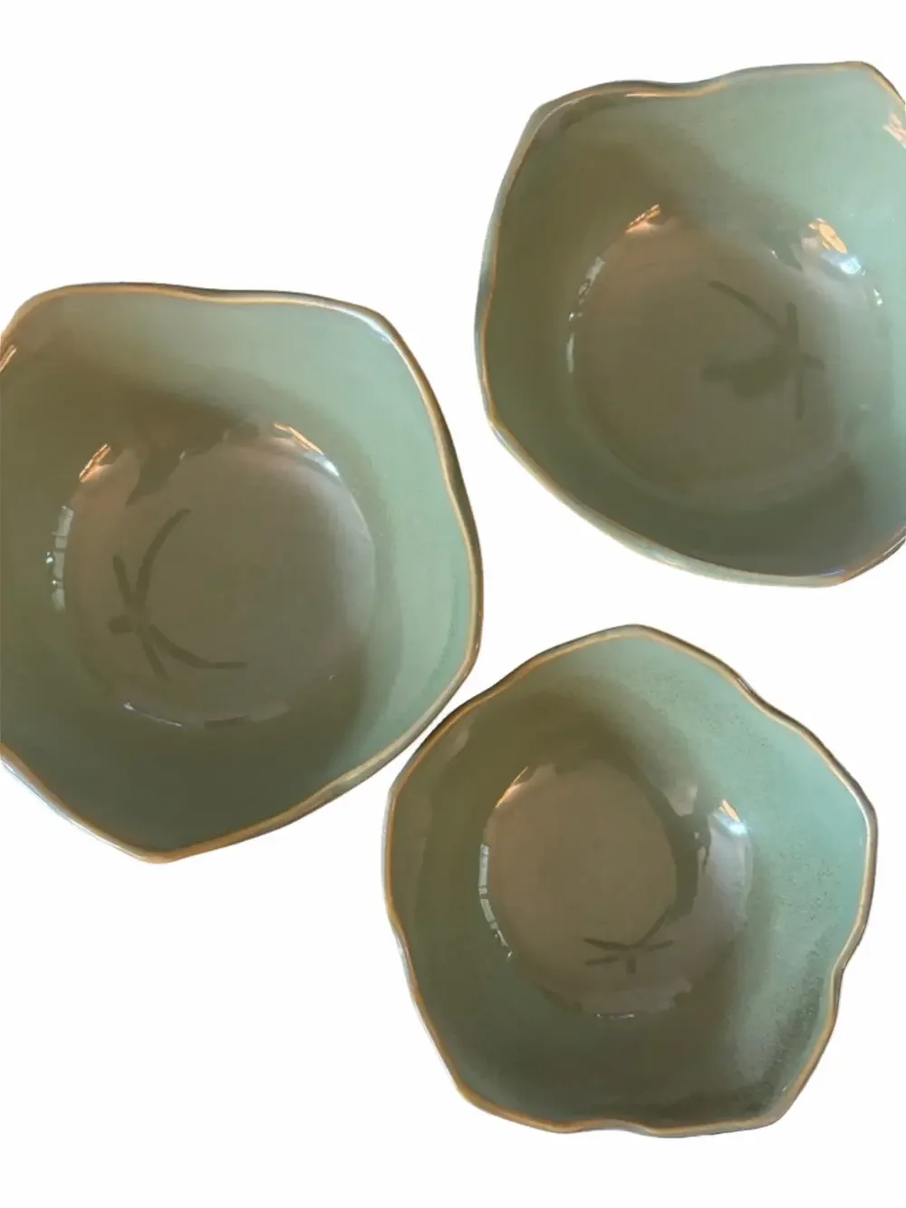 VINT 1970’s porcelain lotus bowls trio in green  Rare find. Manufactured BIA.